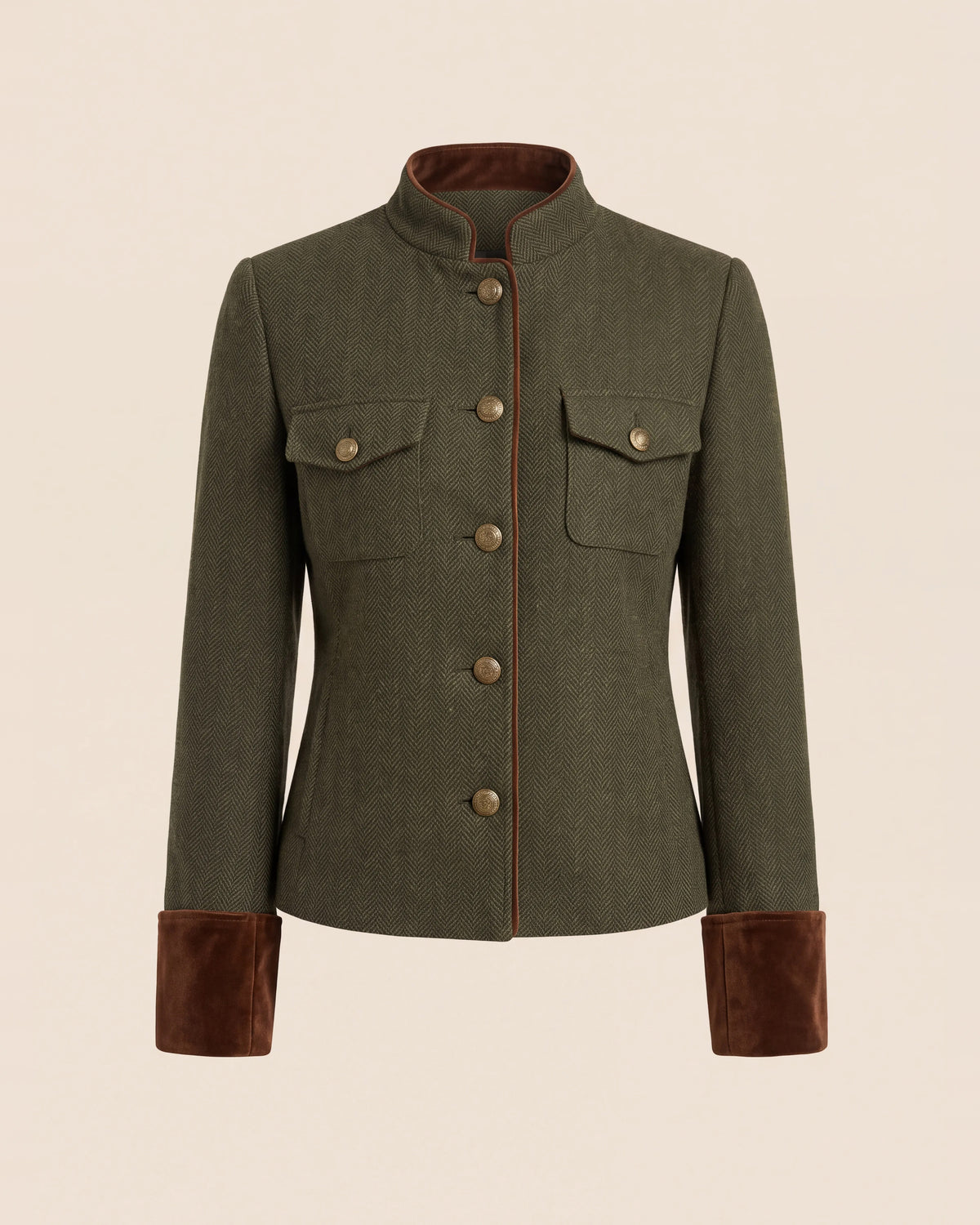 Dolores™ | Blazer de espiga con ribete verde olivo