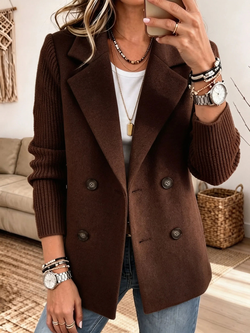Guadalupe™ | Blazer con mangas tejidas - Café