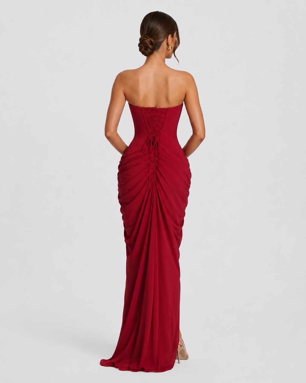 Constanza™ | Vestido largo strapless rojo quemado