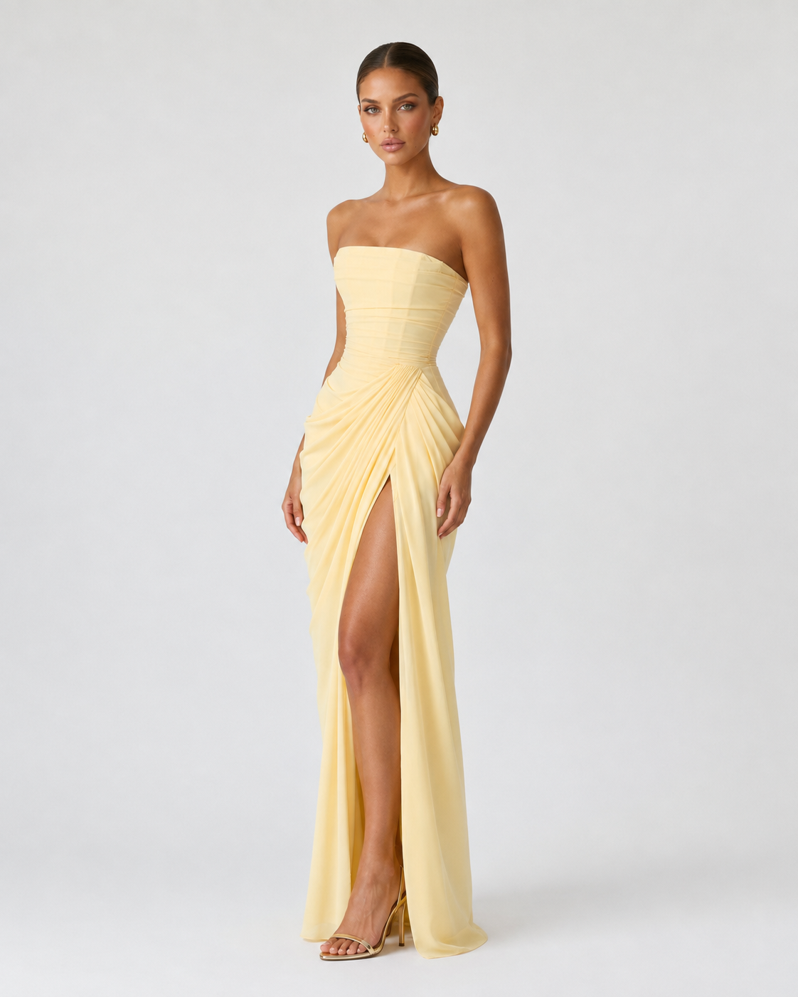 Constanza™ | Vestido largo strapless amarillo claro