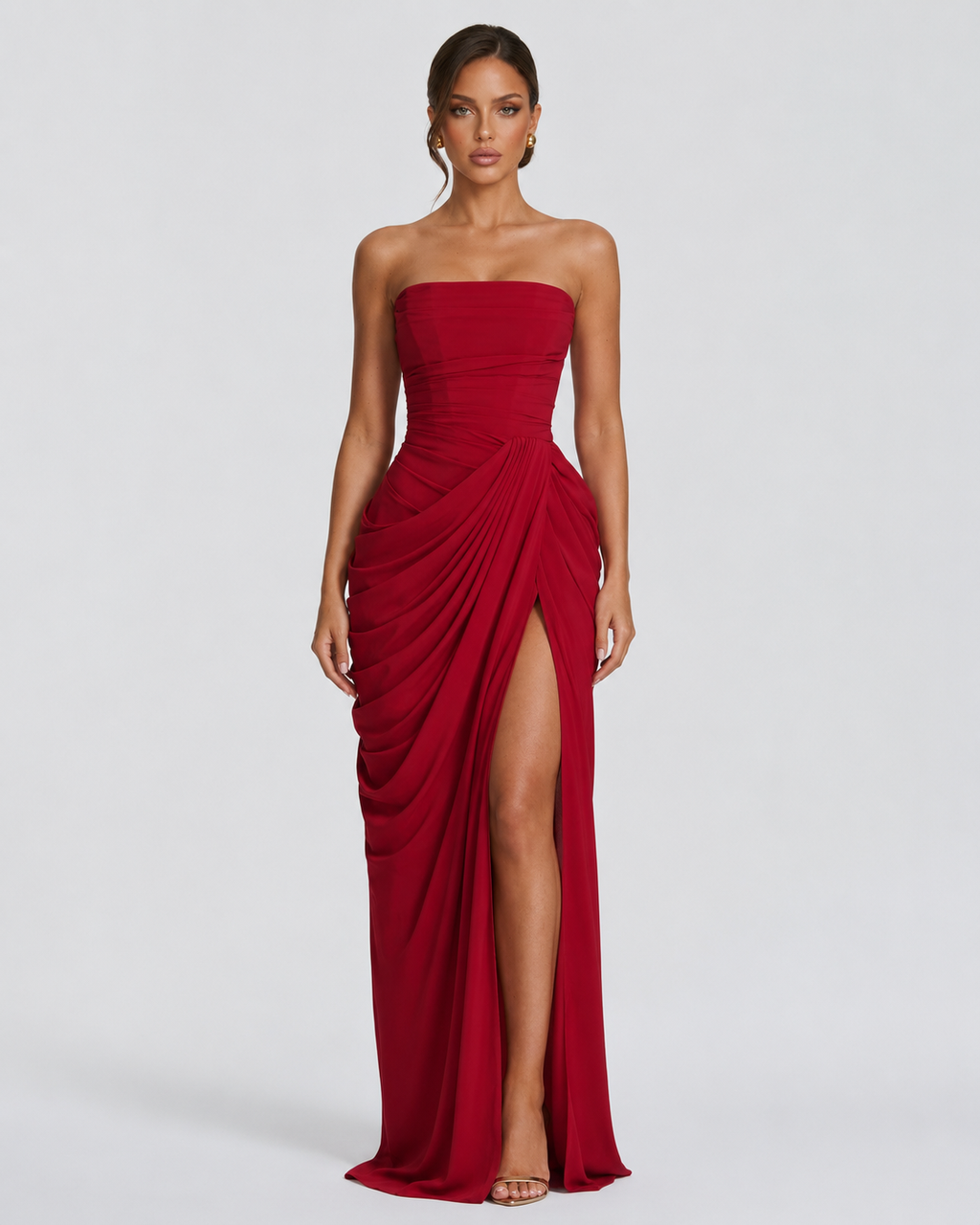 Constanza™ | Vestido largo strapless rojo quemado