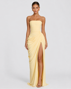 Constanza™ | Vestido largo strapless amarillo claro
