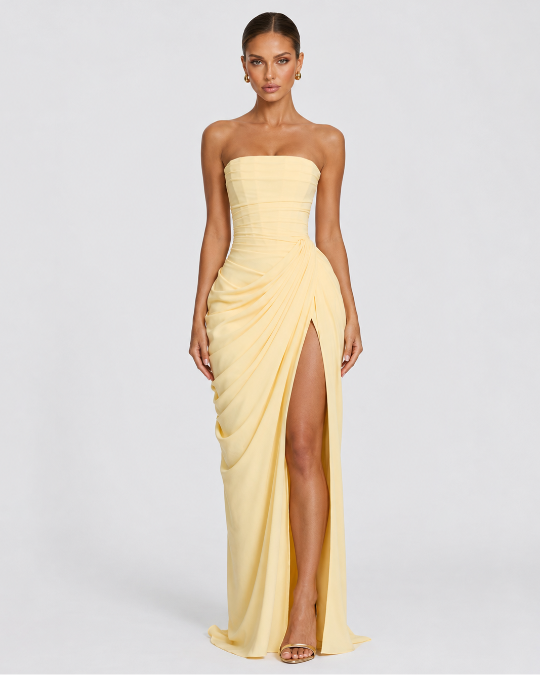 Constanza™ | Vestido largo strapless amarillo claro