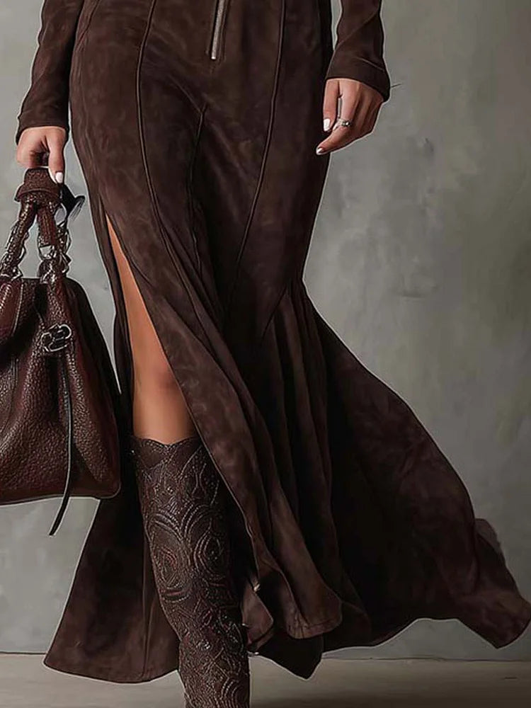 Marisol™ | Vestido largo con cinturón - Café