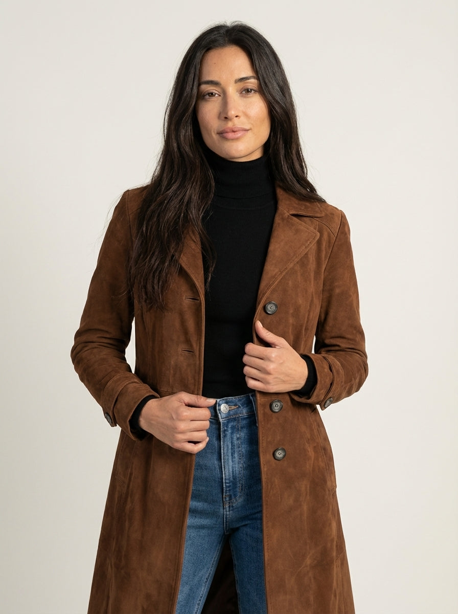 Teresa™ | Gabardina de gamuza café