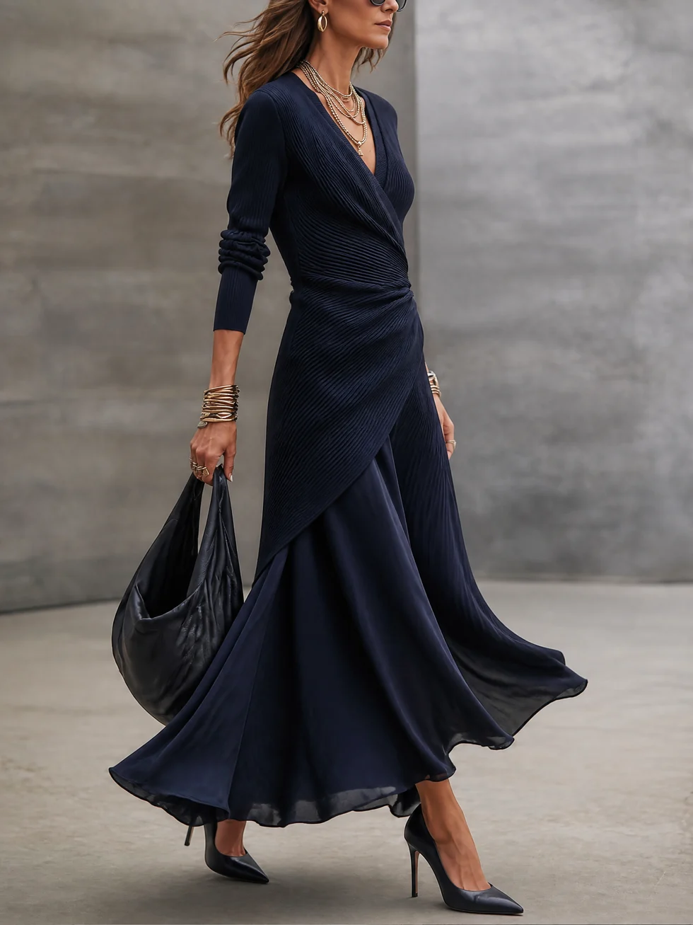 Loredana - Vestido maxi asimétrico azul marino - vista posterior