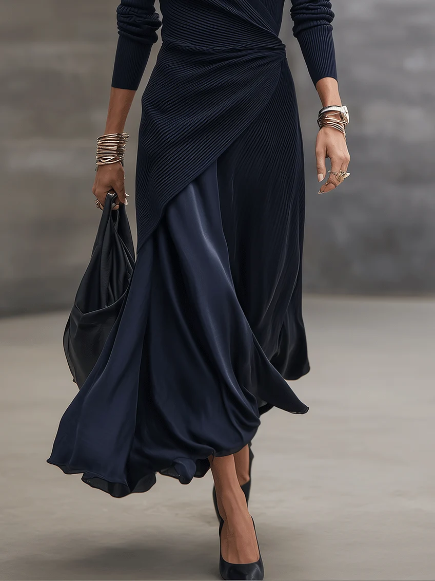 Loredana - Vestido maxi asimétrico azul marino - detalle manga
