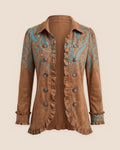 Lourdes™ | Chamarra paisley con holanes caramelo y turquesa