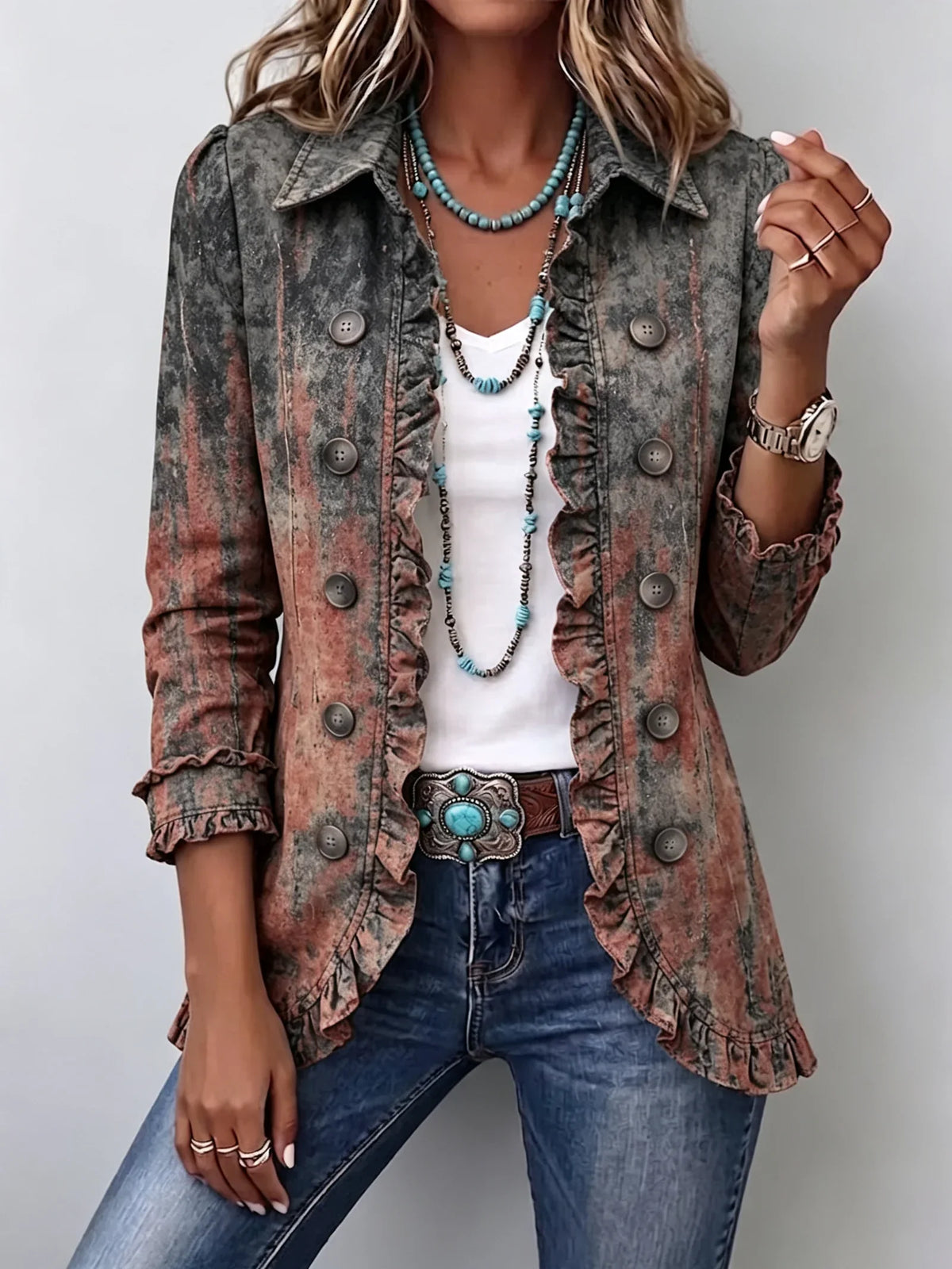 Esperanza™ | Chamarra floral con holanes arena degradado