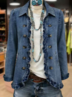 Adelina™ | Chamarra lisa con holanes mezclilla azul