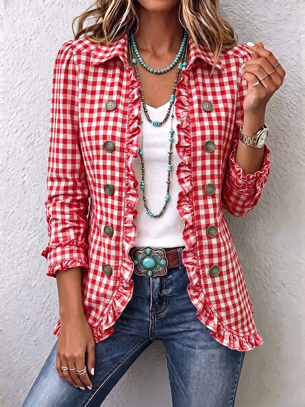 Paloma™ | Chamarra de cuadros con holanes rojo