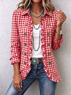 Paloma™ | Chamarra de cuadros con holanes rojo