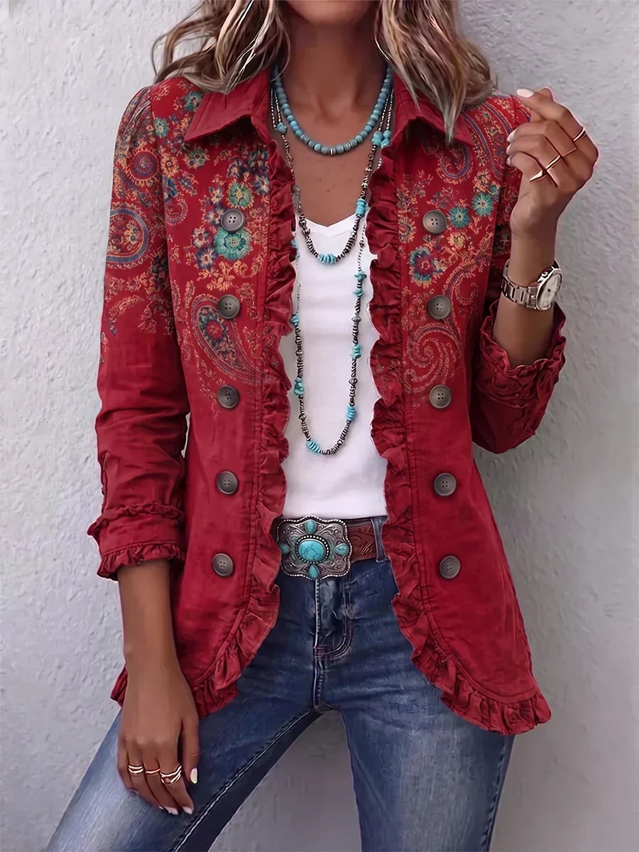 Lourdes™ | Chamarra paisley con holanes rojo