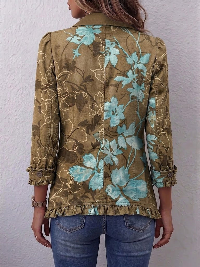 Esperanza™ | Chamarra floral con holanes floral olivo y turquesa