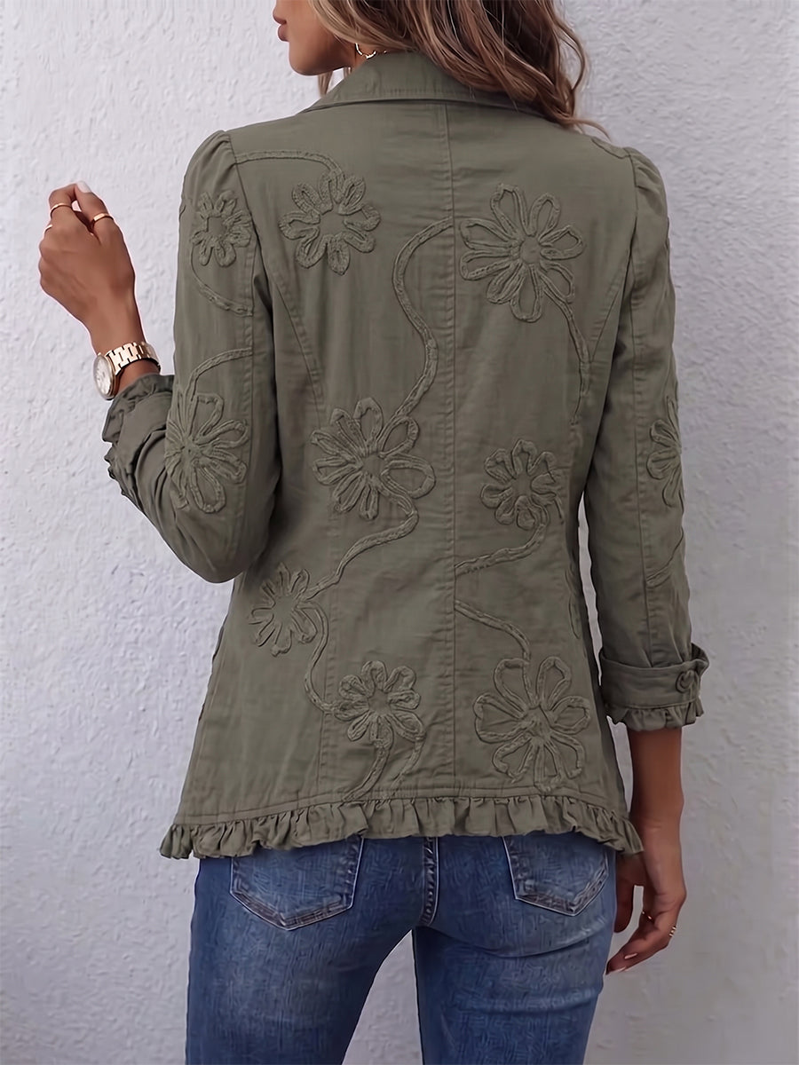 Esperanza™ | Chamarra floral con holanes verde bordado