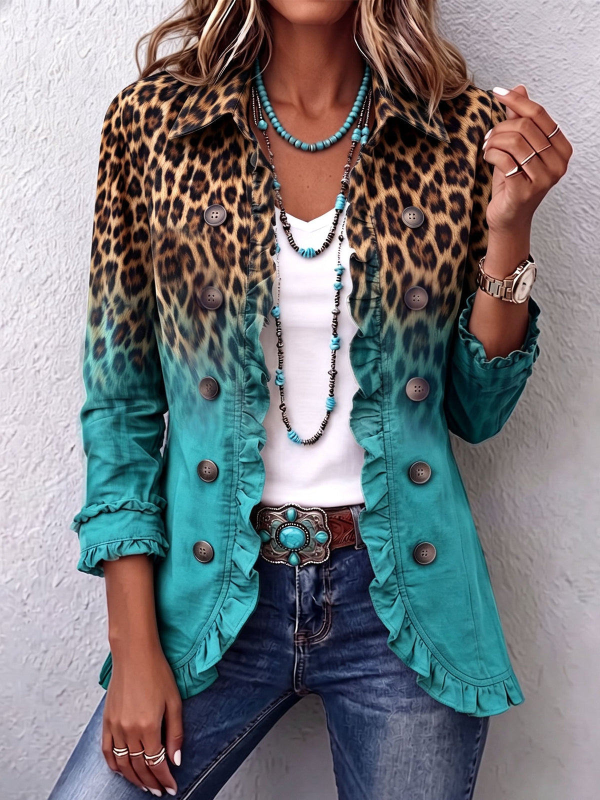 Carmen™ | Chamarra animal print con holanes leopardo turquesa