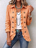 Paloma™ | Chamarra de cuadros con holanes naranja