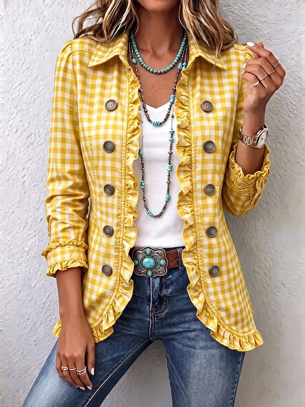 Paloma™ | Chamarra de cuadros con holanes amarillo