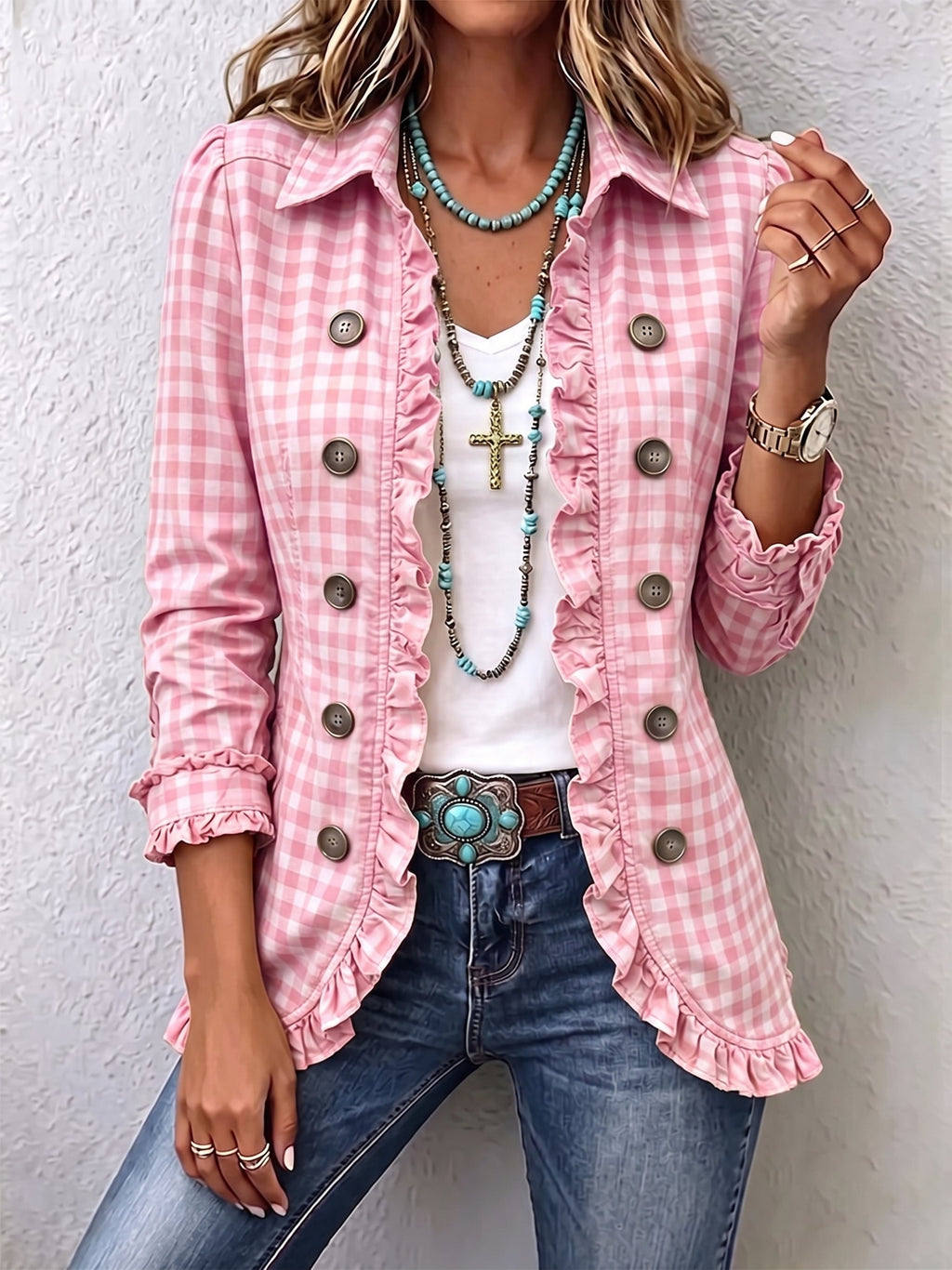 Paloma™ | Chamarra de cuadros con holanes rosa