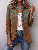 Lourdes™ | Chamarra paisley con holanes caramelo y turquesa