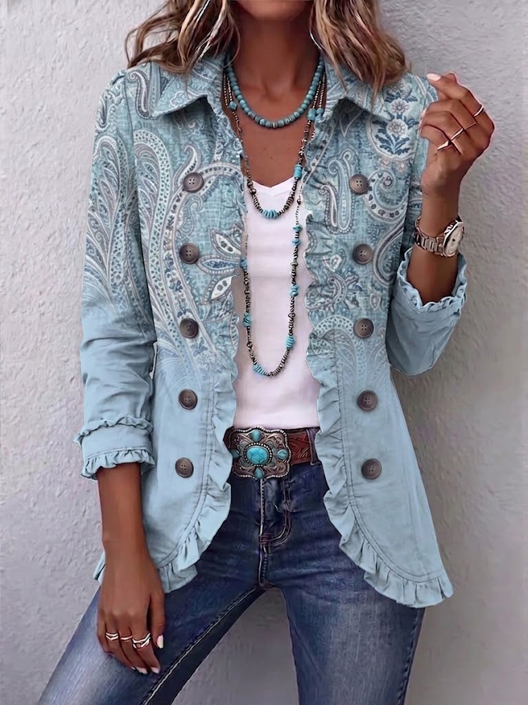 Lourdes™ | Chamarra paisley con holanes azul cielo