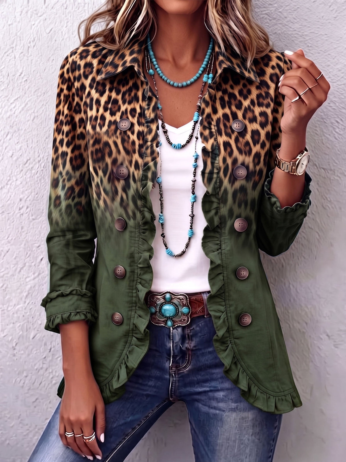 Carmen™ | Chamarra animal print con holanes leopardo verde